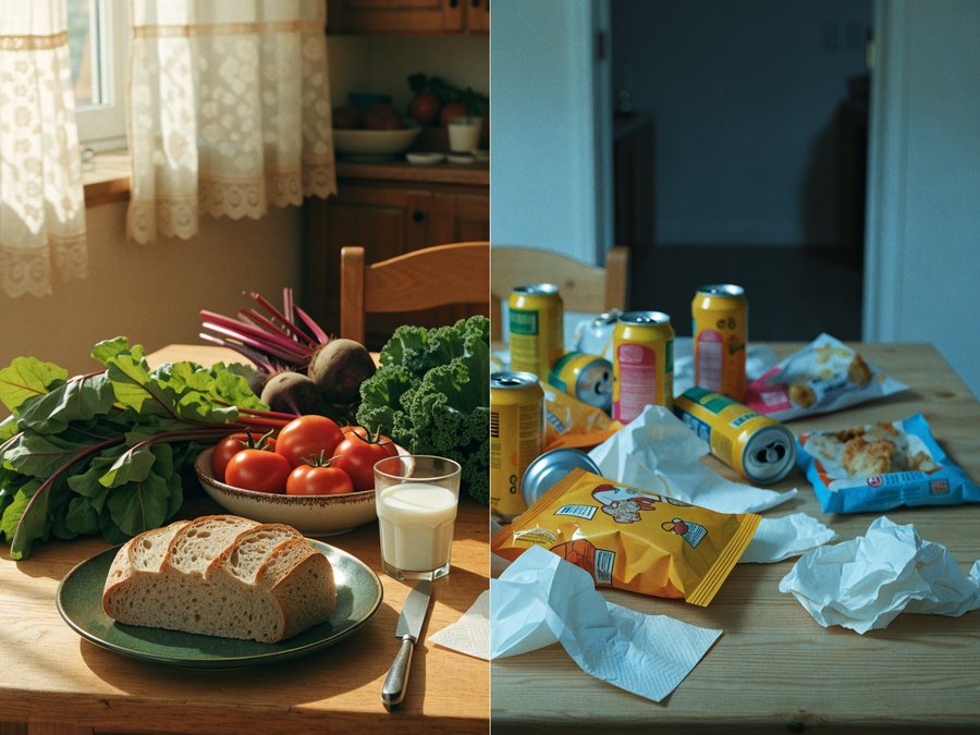 Whole foods of decades past beside today's processed packaged food